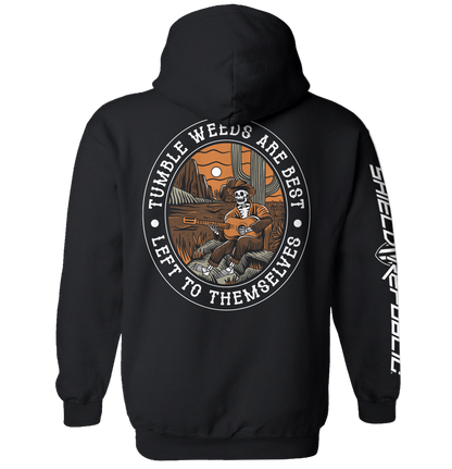 Black hoodie with a graphic design on the back featuring text and a landscape.