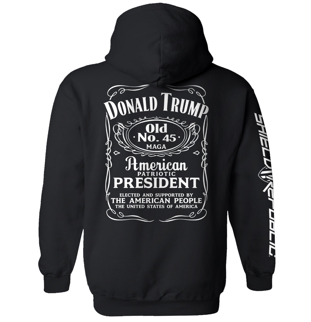 Back view of Donald Trump Old No. 45 Label T-Shirt featuring vintage presidential design with bold typography and patriotic elements.