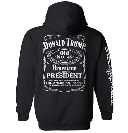 Back view of Donald Trump Old No. 45 Label T-Shirt featuring vintage presidential design with bold typography and patriotic elements.