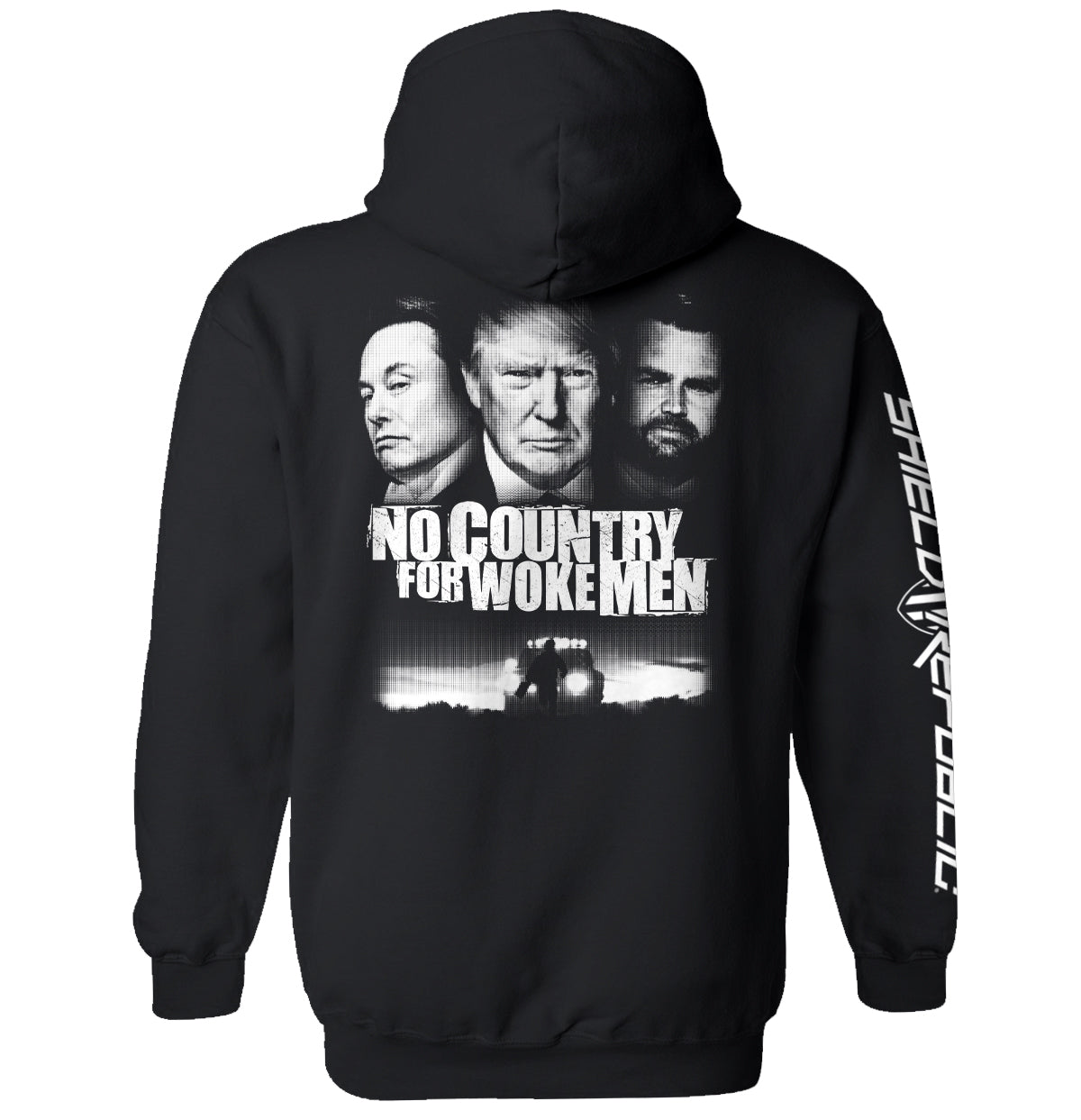 No Country for Woke Men Shirt with bold cinematic design featuring prominent figures and intense black-and-white composition.
