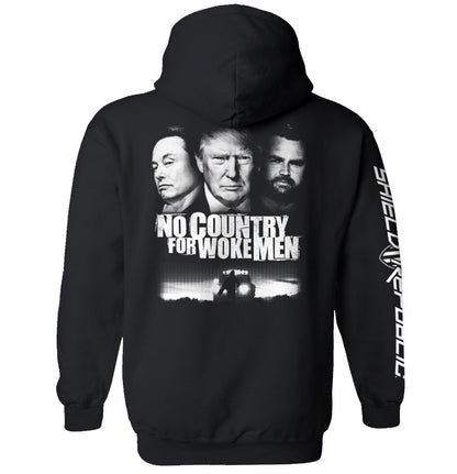 No Country for Woke Men Shirt with bold cinematic design featuring prominent figures and intense black-and-white composition.