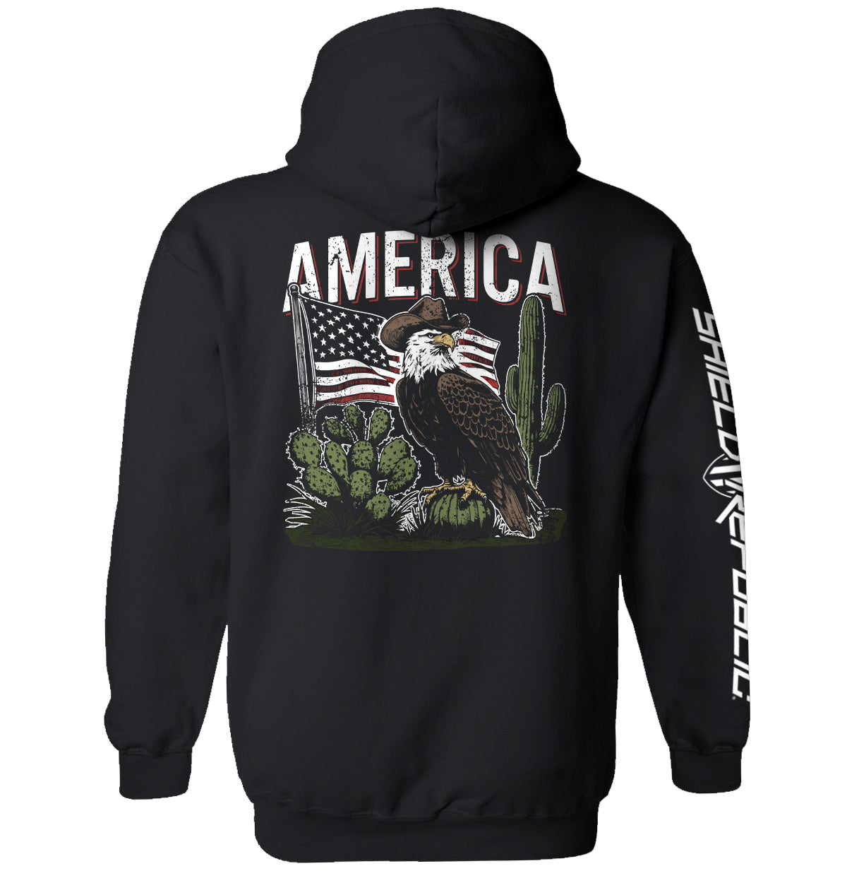 America Eagle Western T-Shirt showcasing eagle and patriotic graphics on the back, embodying American independence and Western style.