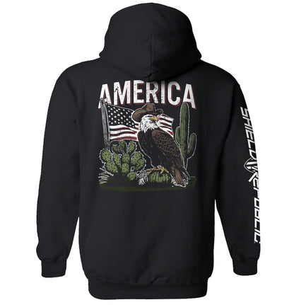 America Eagle Western T-Shirt showcasing eagle and patriotic graphics on the back, embodying American independence and Western style.