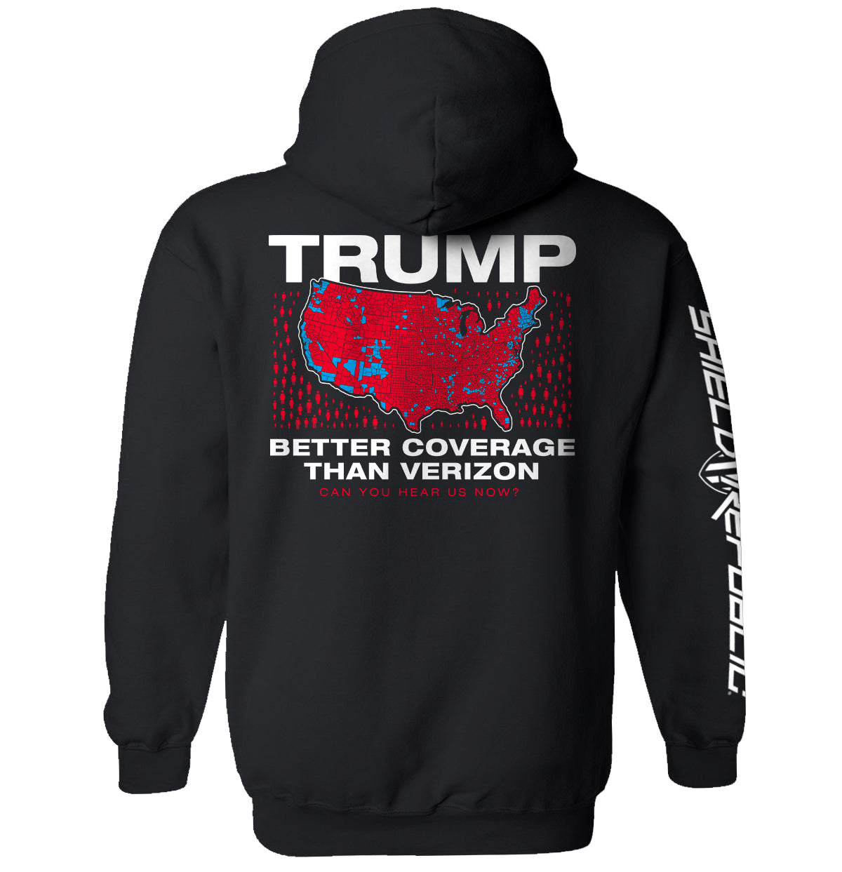 Trump Better Coverage Than Verizon T-Shirt with map graphic on black hoodie, humorous political statement tee.