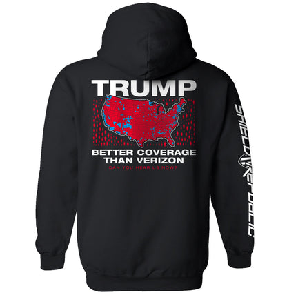 Trump Better Coverage Than Verizon T-Shirt with map graphic on black hoodie, humorous political statement tee.
