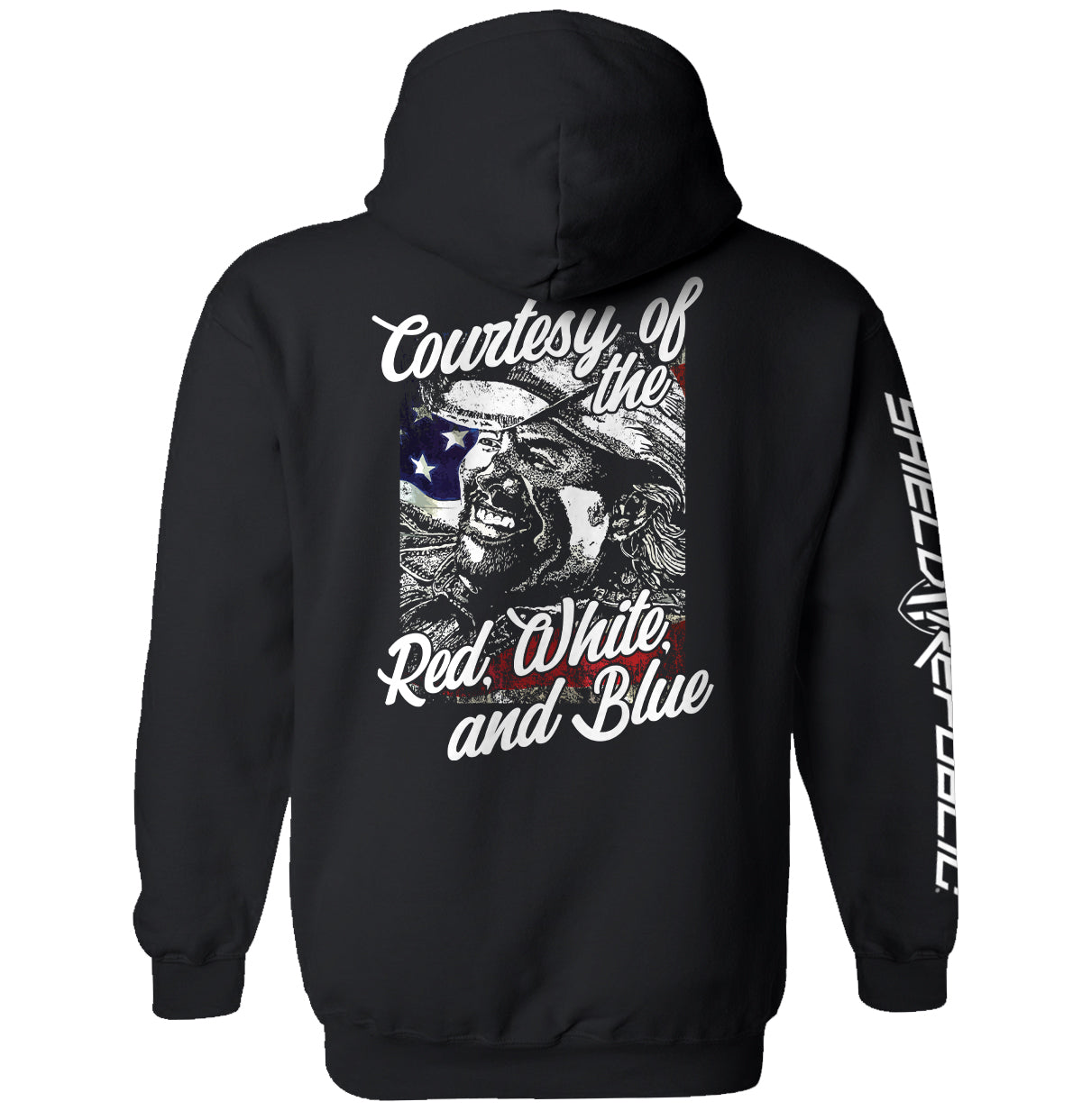 Courtesy Of The Red White And Blue T-Shirt with vintage patriotic graphic, American pride design on dark hoodie