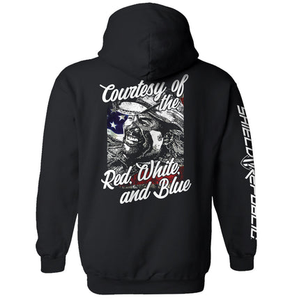 Courtesy Of The Red White And Blue T-Shirt with vintage patriotic graphic, American pride design on dark hoodie