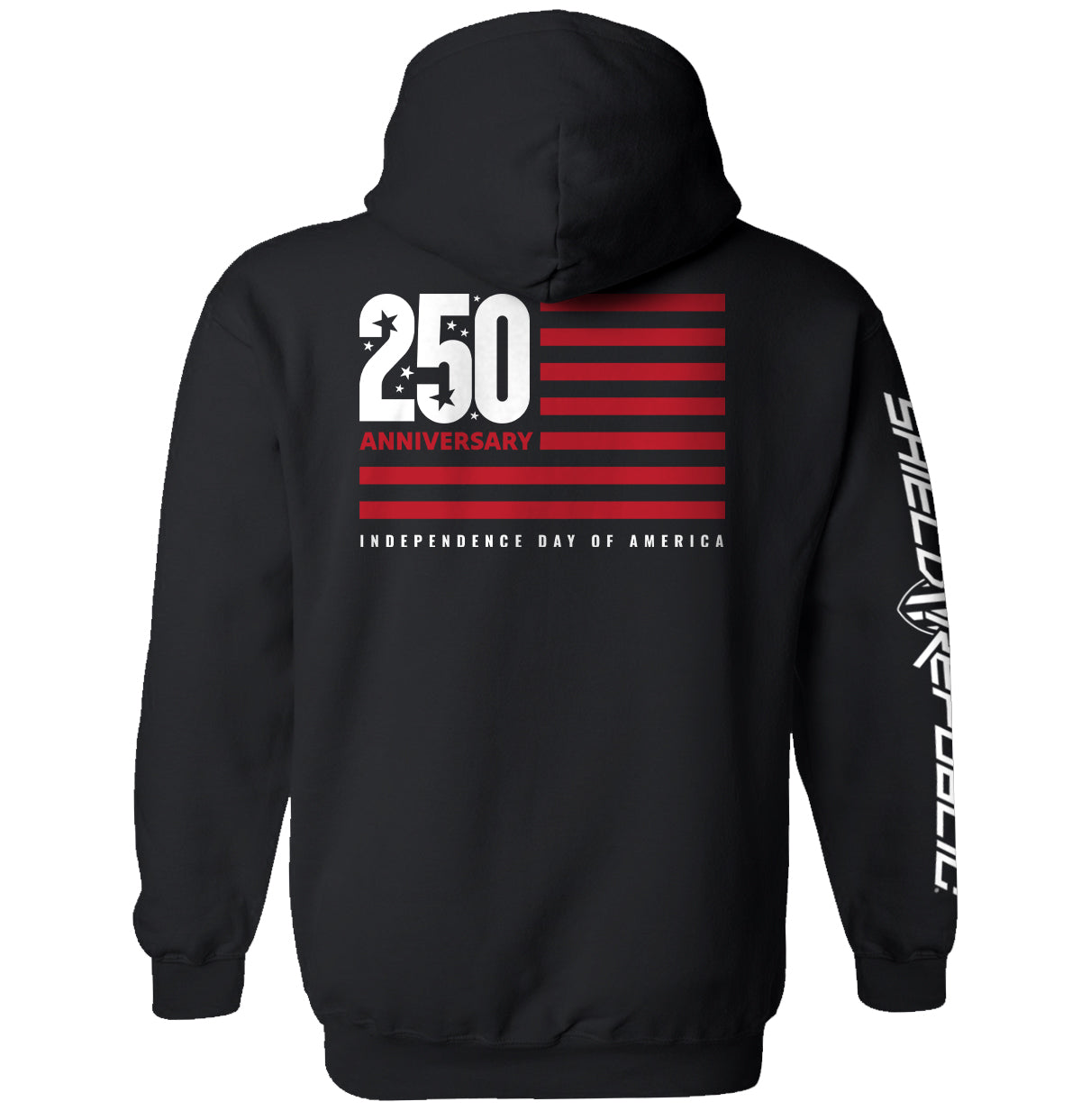 Back view of America 250 Years Anniversary Flag Shirt with flag design and '250 Anniversary' text, celebrating US Independence Day.