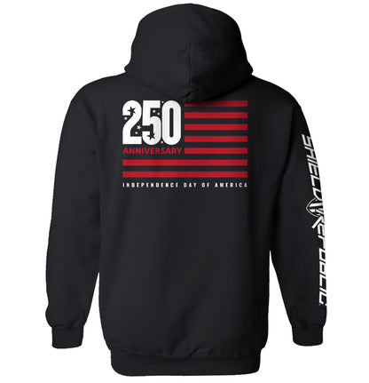 Back view of America 250 Years Anniversary Flag Shirt with flag design and '250 Anniversary' text, celebrating US Independence Day.