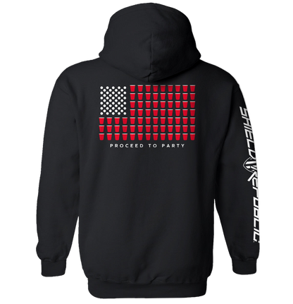 Black hoodie with American flag design and text on the back, on a white background