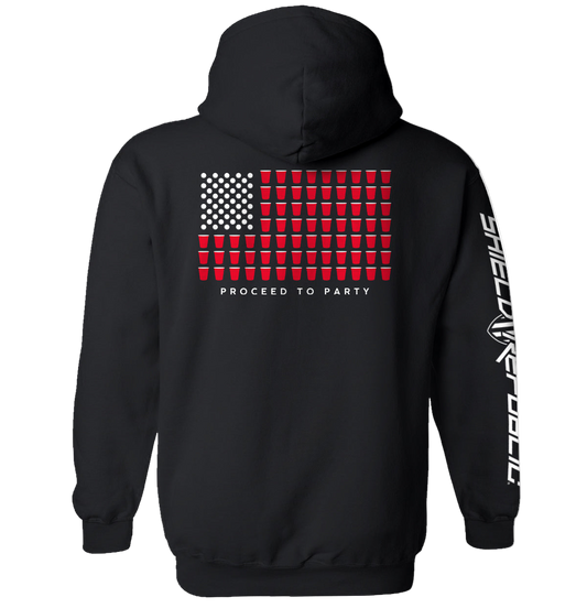 Black hoodie with American flag design and text on the back, on a white background