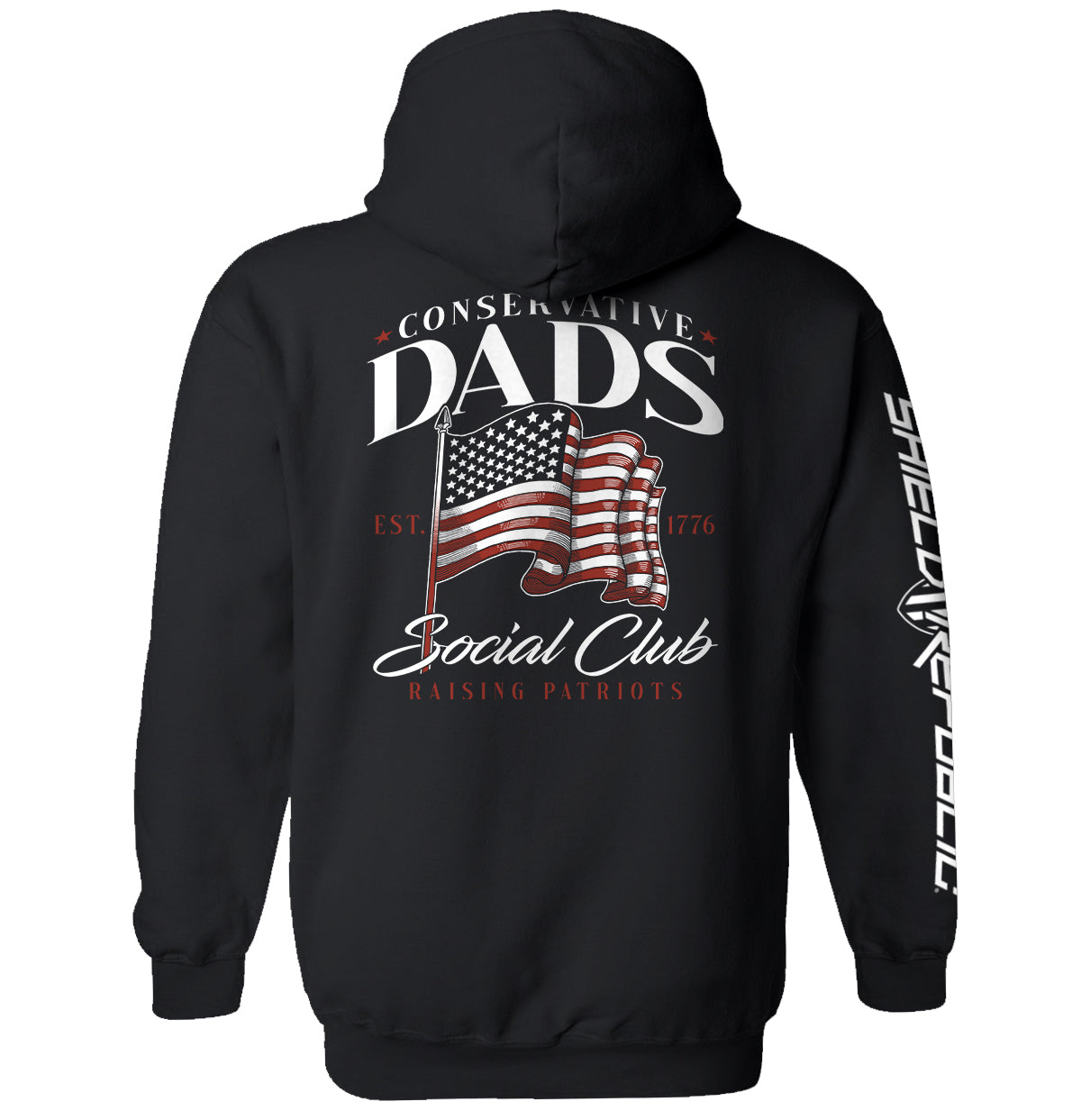 Conservative Dads Social Club T-Shirt featuring American flag design on the back, perfect for patriotic dads and freedom enthusiasts.