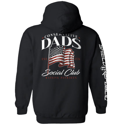 Conservative Dads Social Club T-Shirt featuring American flag design on the back, perfect for patriotic dads and freedom enthusiasts.