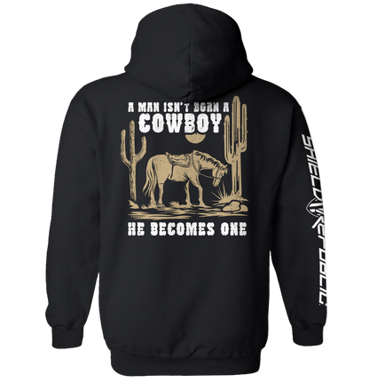Black hoodie with cowboy-themed graphic and text on the back, on a white background