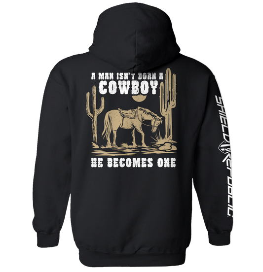 Black hoodie with cowboy-themed graphic and text on the back, on a white background