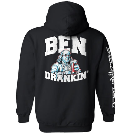 Ben Drankin T-Shirt featuring humorous graphic of Benjamin Franklin with a drink, ideal for casual wear and fun gatherings.