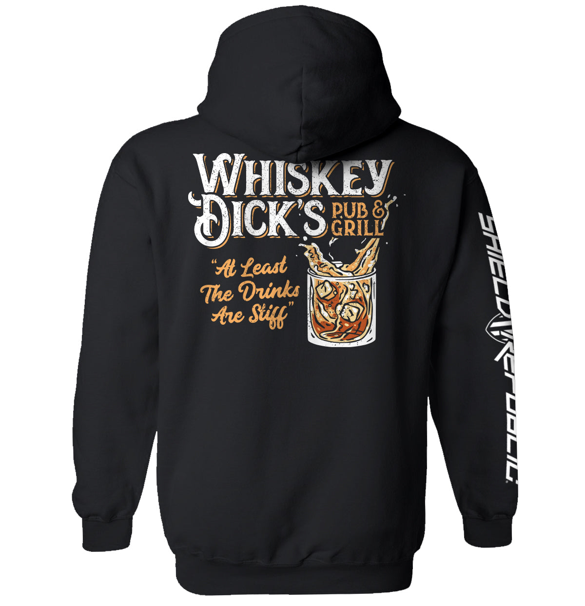 Whiskey Dick’s Pub & Grill Shirt with vintage whiskey glass design on black tee, humorously styled for bar and grill enthusiasts.