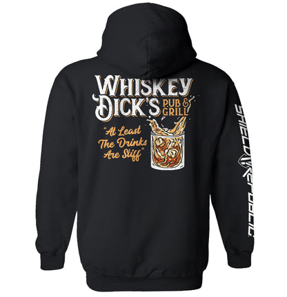 Whiskey Dick’s Pub & Grill Shirt with vintage whiskey glass design on black tee, humorously styled for bar and grill enthusiasts.