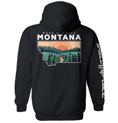 Black hoodie with 'Make America Montana' graphic on the back