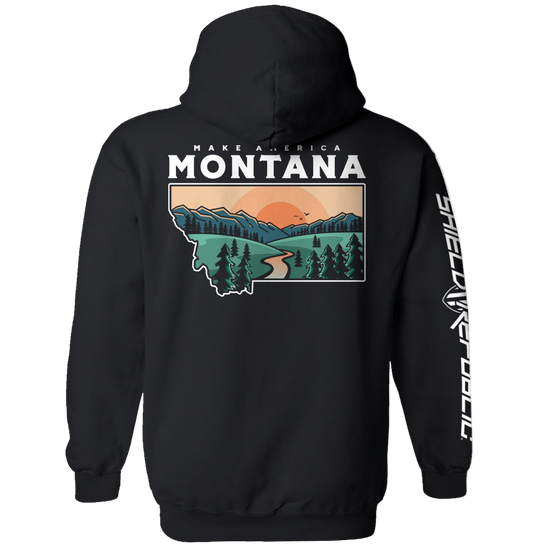 Black hoodie with 'Make America Montana' graphic on the back