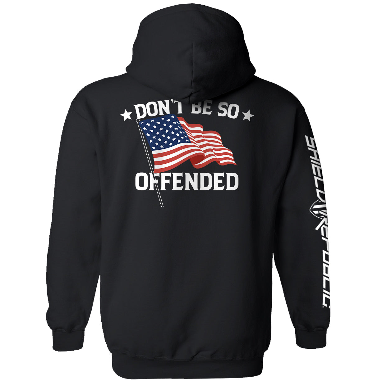 Don't Be So Offended American Flag Shirt with patriotic design and bold message, featuring classic American flag imagery, on black background.
