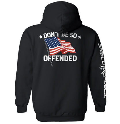 Don't Be So Offended American Flag Shirt with patriotic design and bold message, featuring classic American flag imagery, on black background.