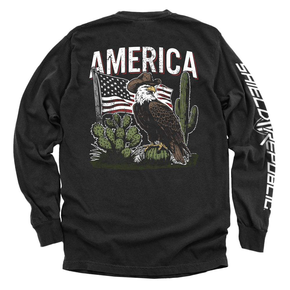 America Eagle Western T-Shirt with eagle and flag design on a black long sleeve tee