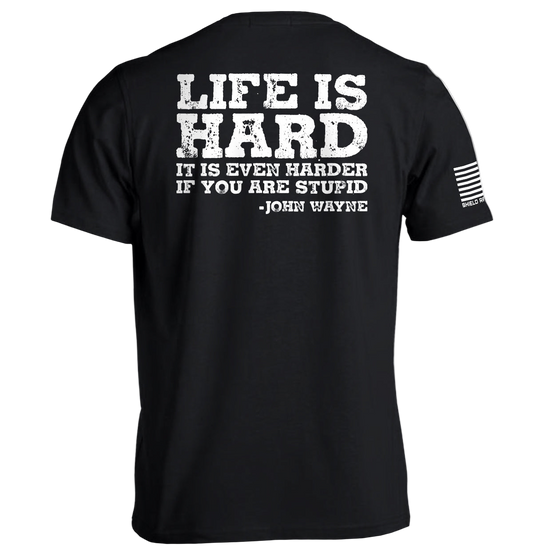 Black t-shirt with white text on the back, featuring a quote by John Wayne.