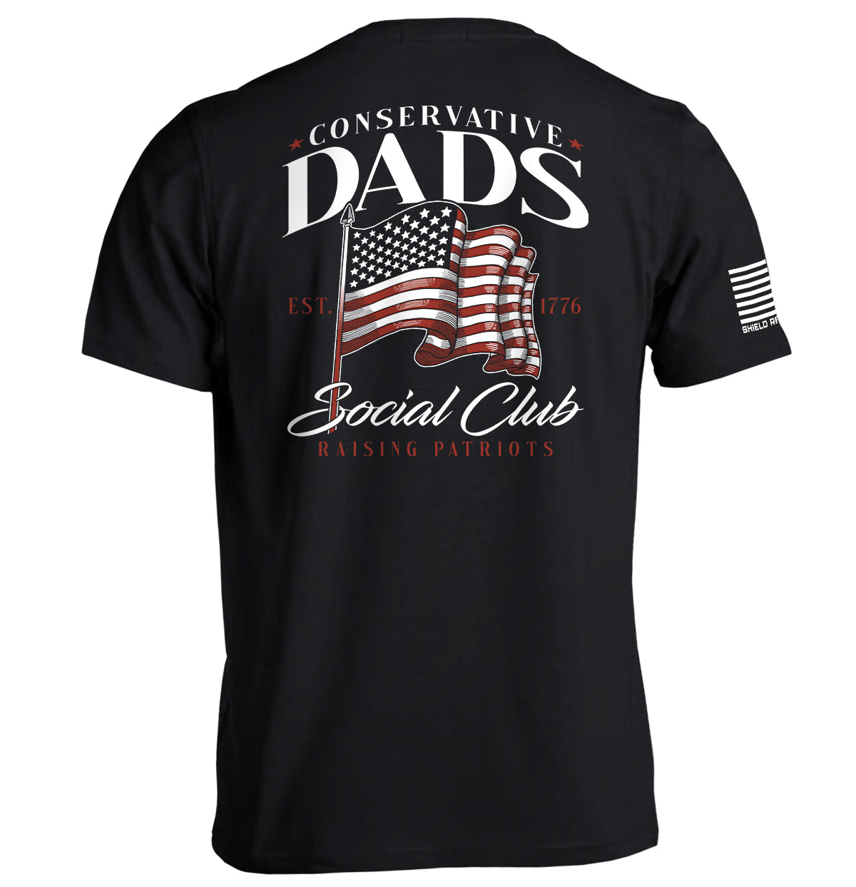 Conservative Dads Social Club T-Shirt featuring a waving American flag design and patriotic text on back view.