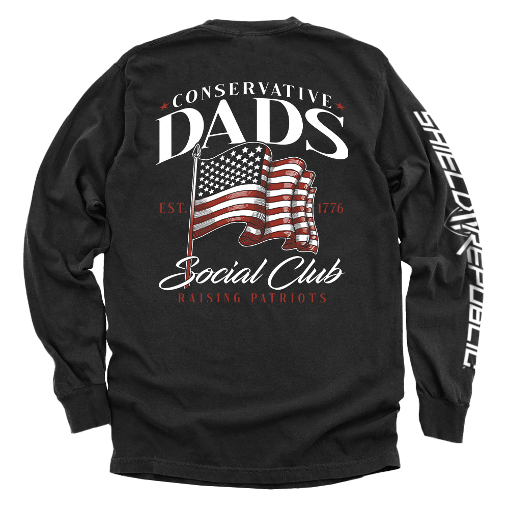 Conservative Dads Social Club T-Shirt featuring American flag design, patriotic long-sleeve tee for dads by Shield Republic.
