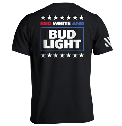 Black t-shirt with Bud Light logo on the back, featuring red, white, and blue colors.
