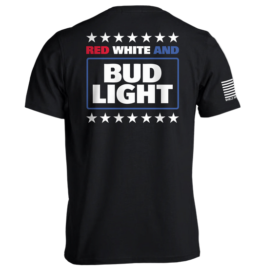 Black t-shirt with Bud Light logo on the back, featuring red, white, and blue colors.