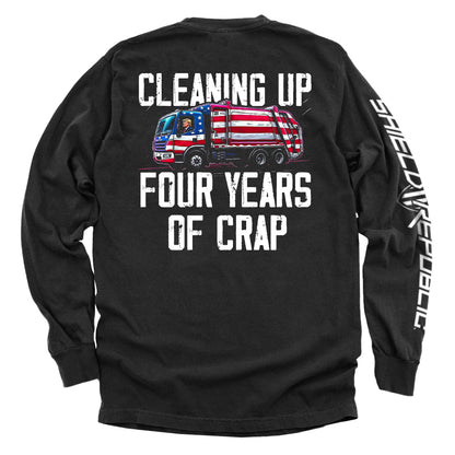 Back of Cleaning Up Four Years of Crap Trump T-Shirt showing political satire graphic design and bold text.