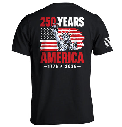 Black 250 Years Statue of Liberty Shirt featuring the Statue of Liberty, American flag design, and 1776-2026 anniversary text.
