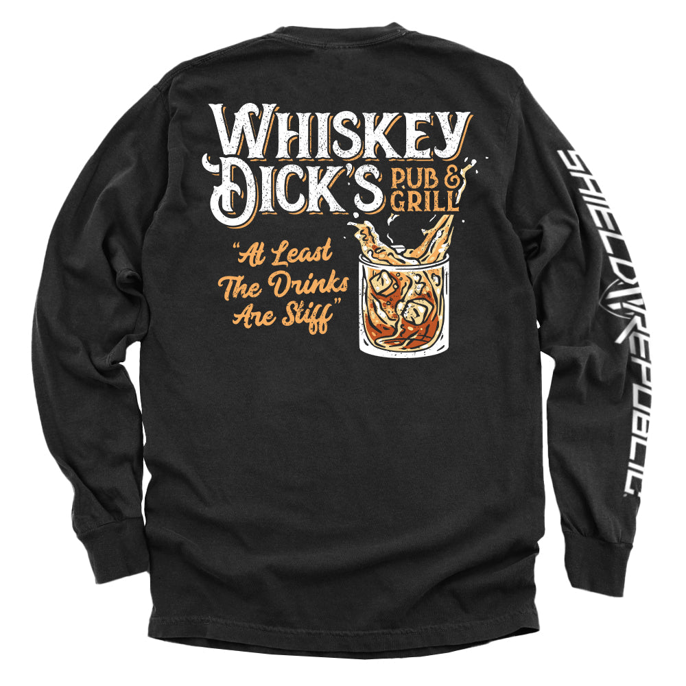 Black Whiskey Dick’s Pub & Grill Shirt with vintage-style whiskey graphic and fun text, perfect for bar or casual wear.