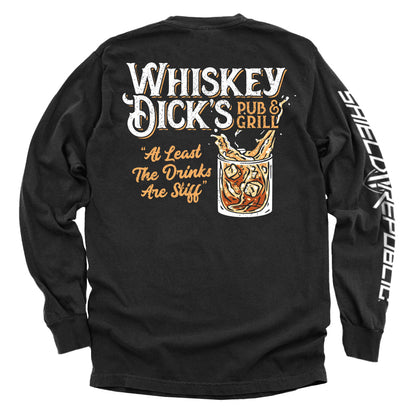 Black Whiskey Dick’s Pub & Grill Shirt with vintage-style whiskey graphic and fun text, perfect for bar or casual wear.