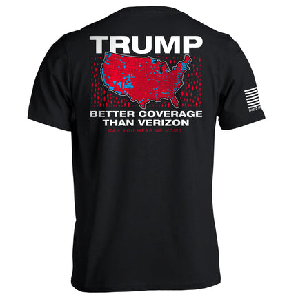 Trump Better Coverage Than Verizon T-Shirt featuring a humorous USA map design, perfect for bold statements and casual wear.