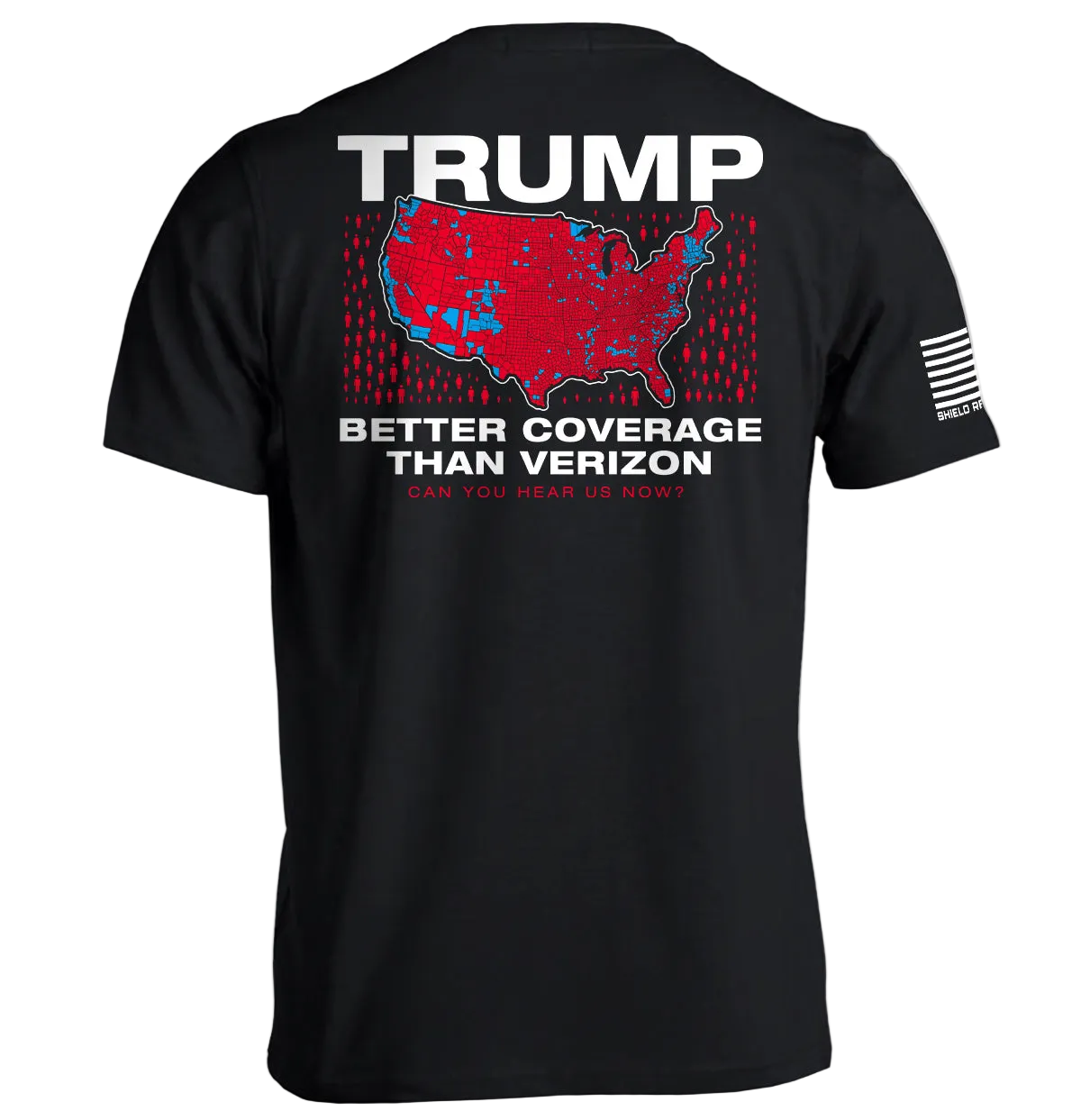 Trump Better Coverage Than Verizon T-Shirt showing humorous political message with bold text and graphic design.