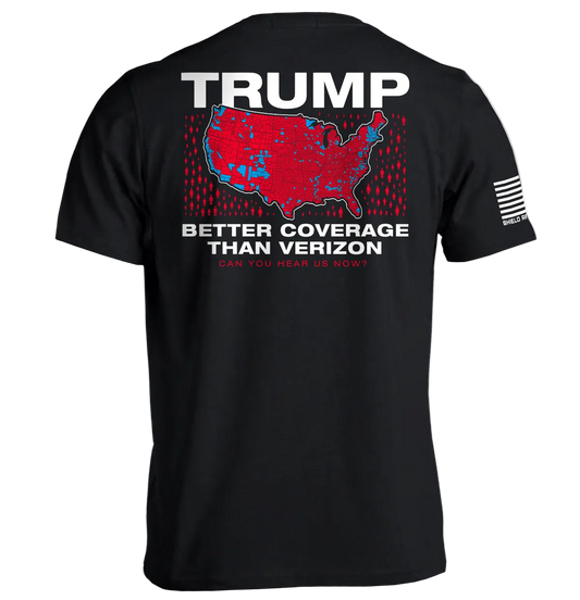 Trump Better Coverage Than Verizon T-Shirt showing humorous political message with bold text and graphic design.