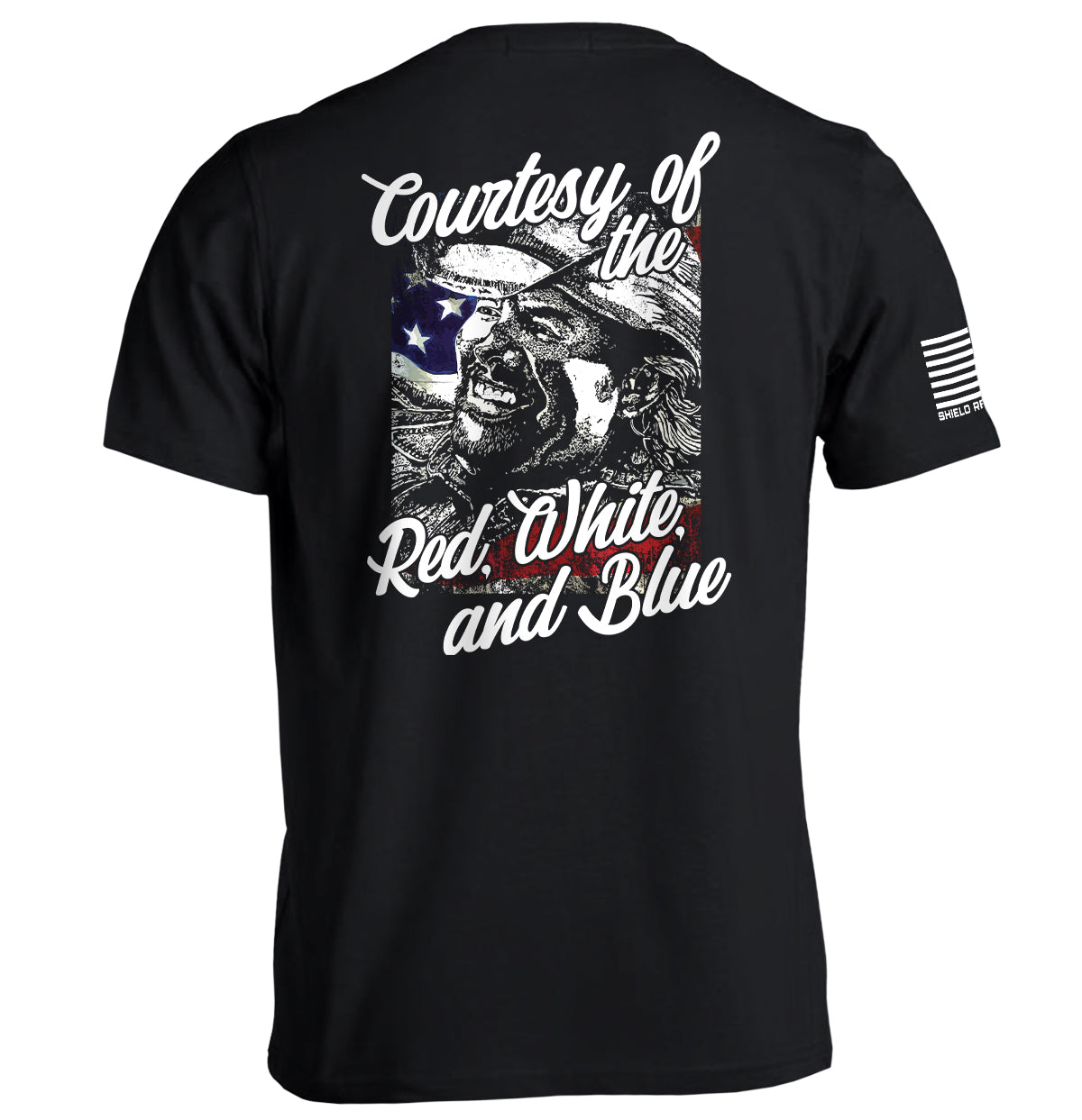 Courtesy Of The Red White And Blue T-Shirt featuring patriotic graphic and vintage style on black fabric.