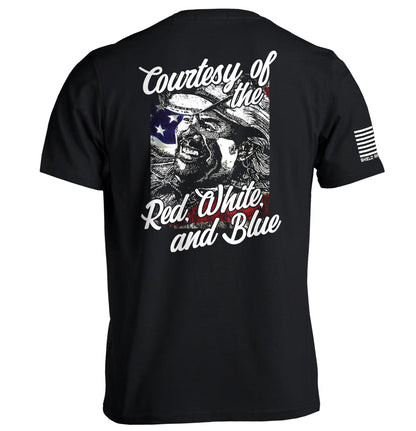 Courtesy Of The Red White And Blue T-Shirt featuring patriotic graphic and vintage style on black fabric.