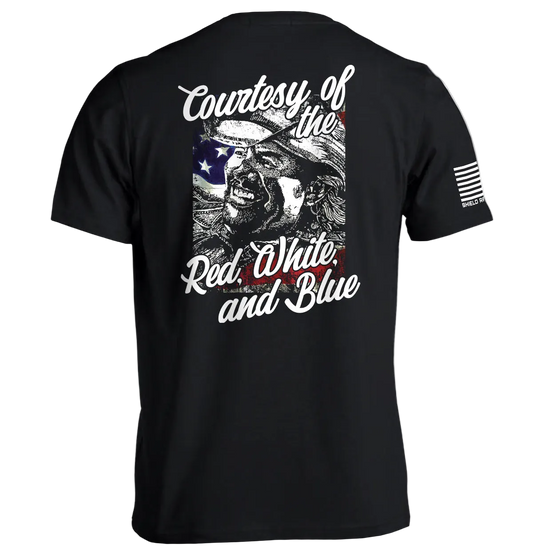 Courtesy Of The Red White And Blue T-Shirt with vintage patriotic graphic on back