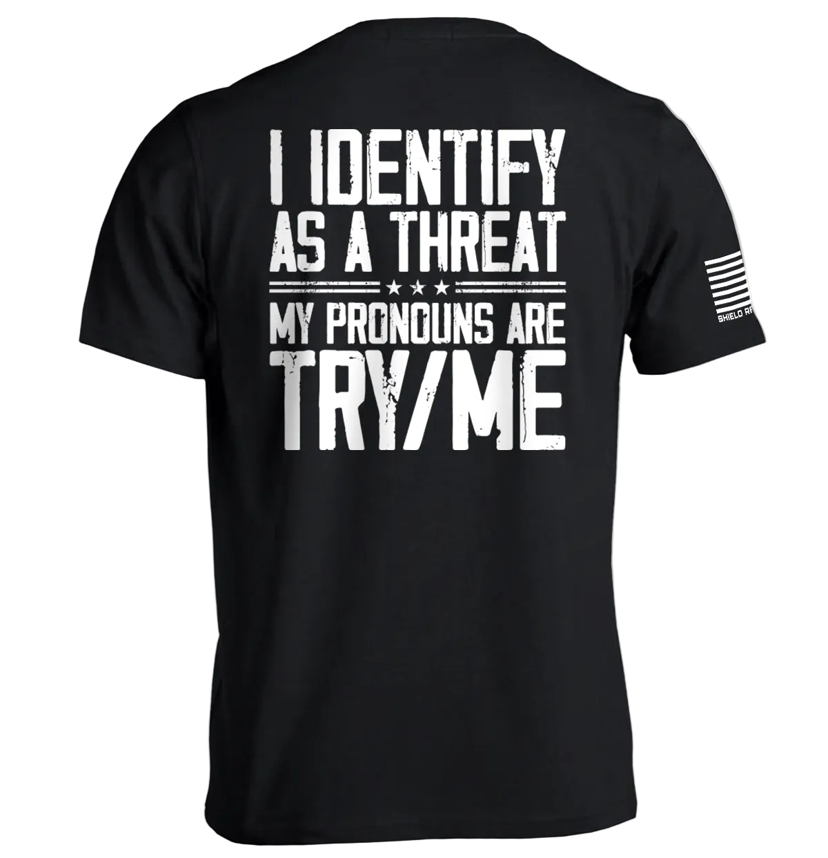 Black t-shirt with white text on the back on a white background