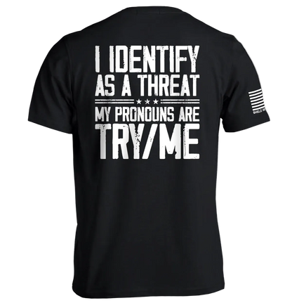 Black t-shirt with white text on the back on a white background