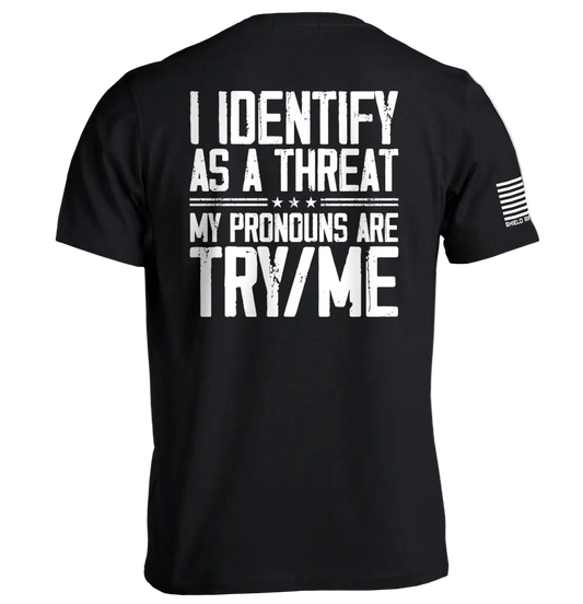 Black t-shirt with white text on the back on a white background