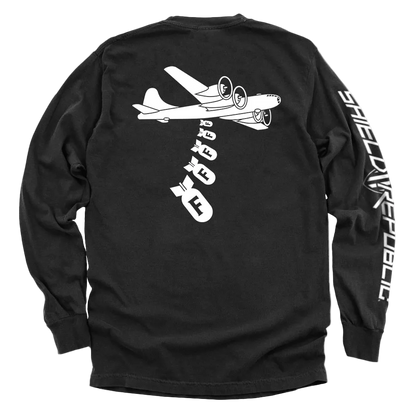 Black long-sleeve shirt with airplane graphic and text on a white background