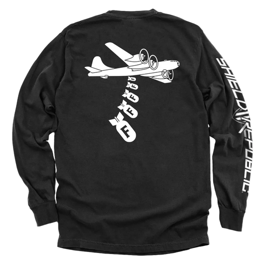 Black long-sleeve shirt with airplane graphic and text on a white background
