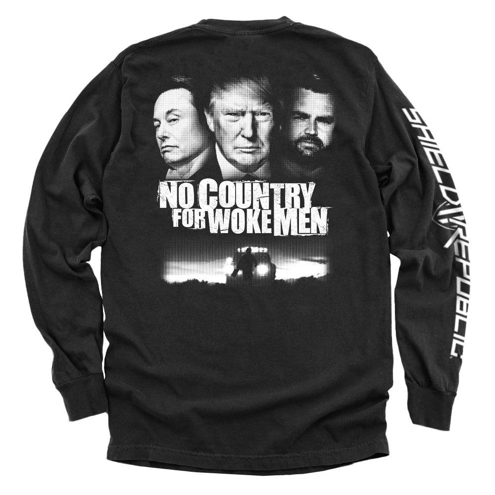 No Country for Woke Men Shirt featuring bold, cinematic black and white design with strong contrast and dramatic expression.