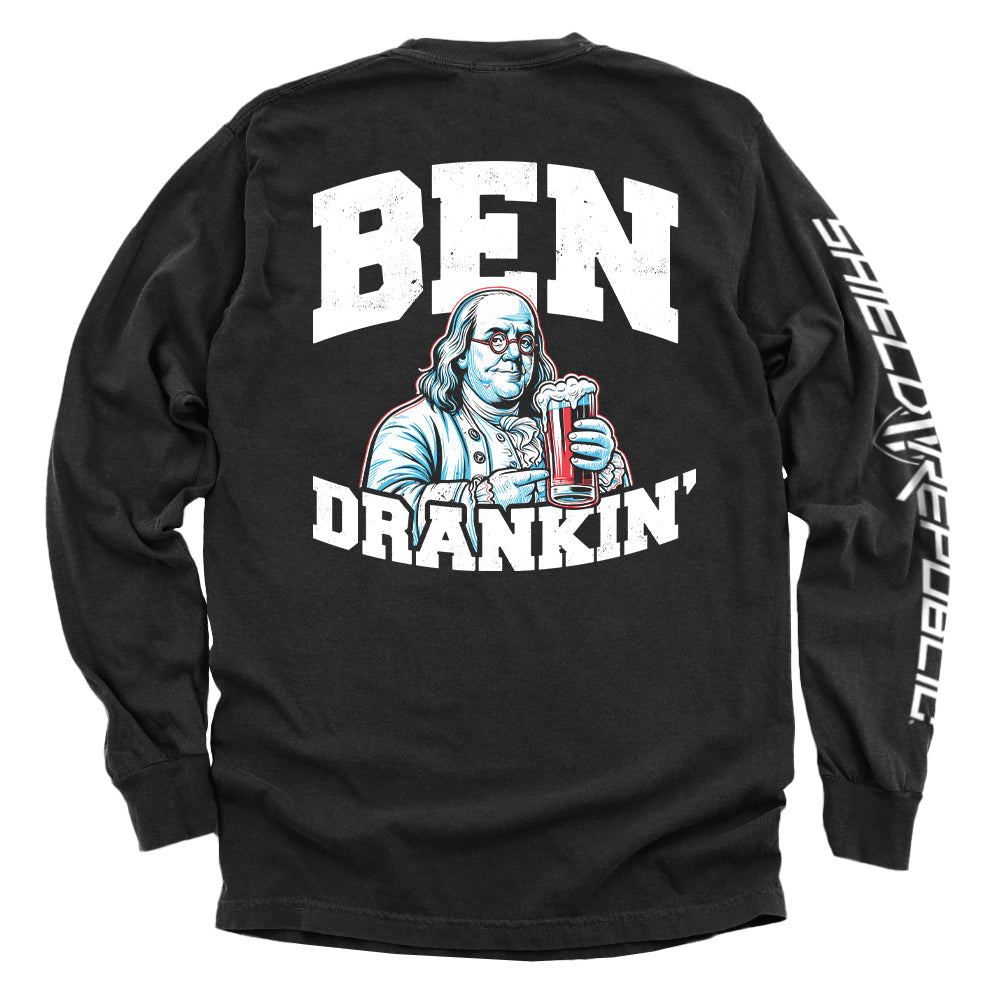Ben Drankin T-Shirt featuring funny graphic of historical figure holding a beer, perfect for casual wear and humor lovers.