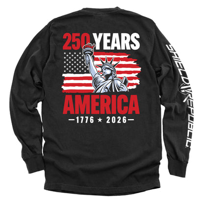 250 Years Statue of Liberty Shirt with 1776–2026 America 250 design featuring the Statue of Liberty and American flag